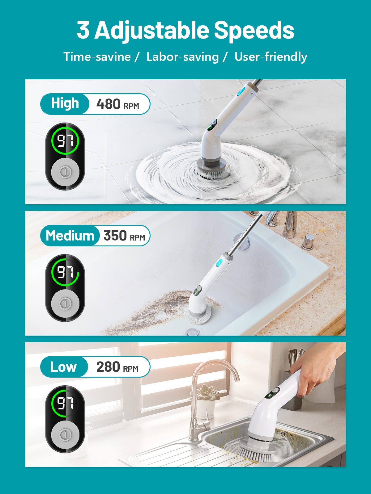 Electric Spin Scrubber, RELEXNOW Shower Scrubber Cordless Cleaning Brush Full-Body IPX7 3 Speeds LCD Display, 4 Replaceable Brush Heads Extension Arm Power Bathtub Scrubber